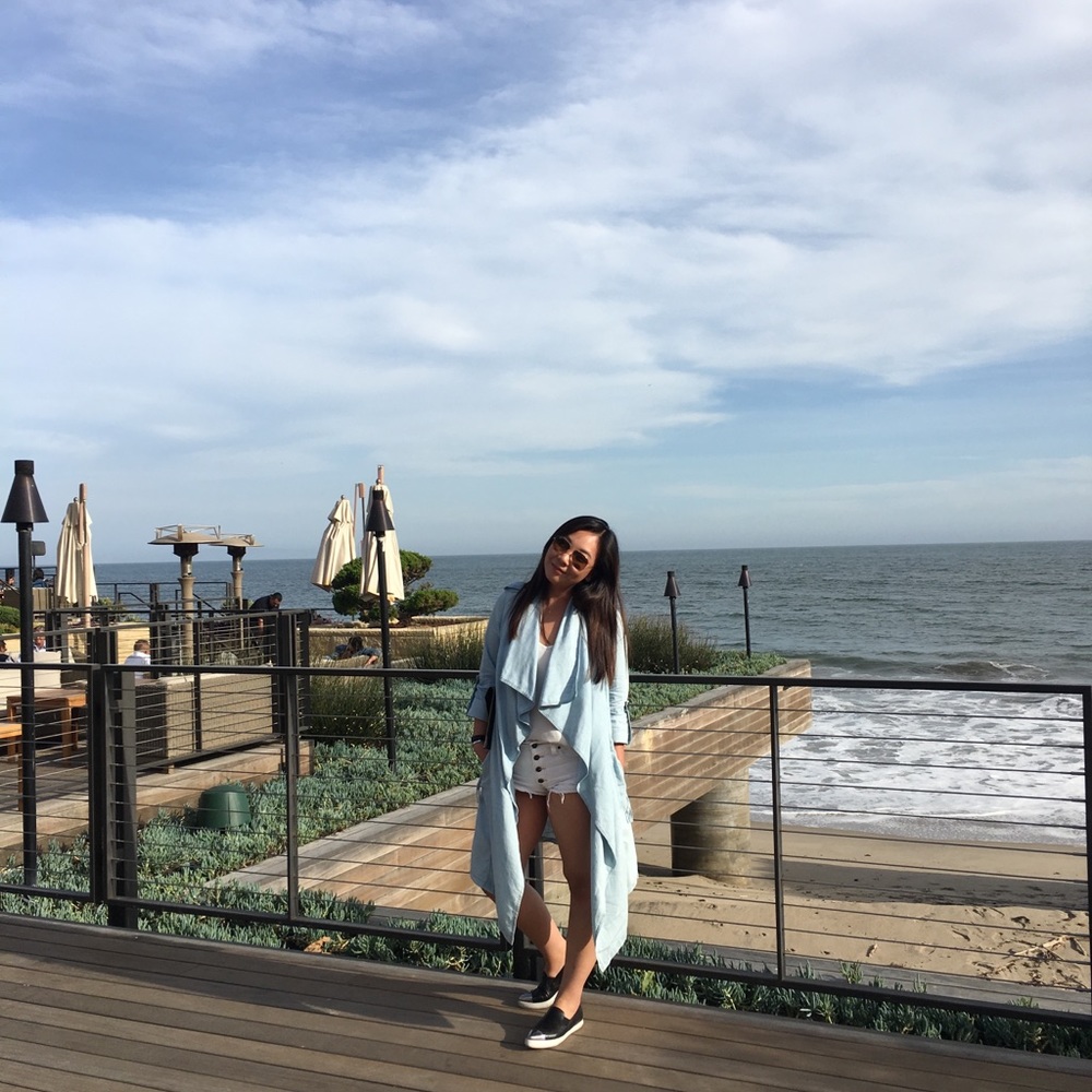 Light blue BCBG Denim Layered Wrap Jacket